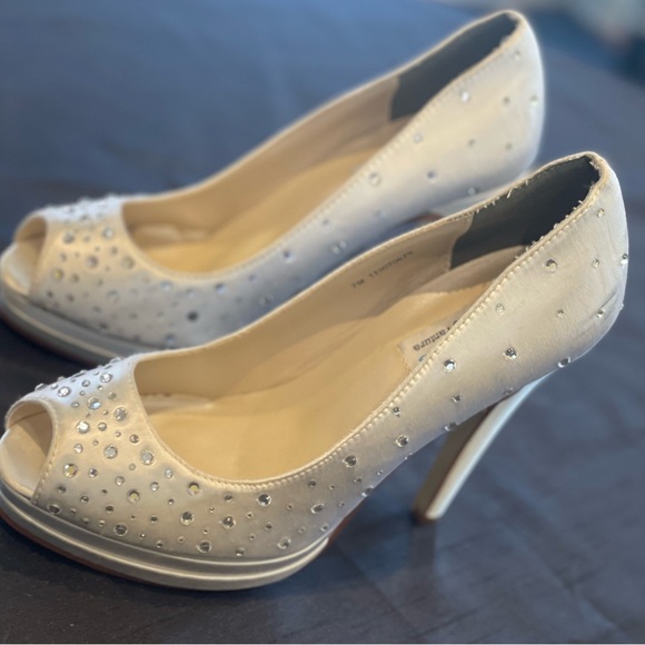 Size 7 White satin, rhinestone embellished, open toe platform heels - Picture 2 of 10